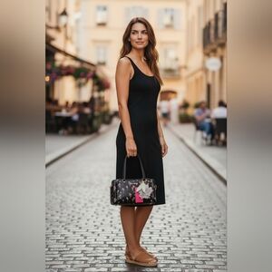 Betsey Johnson Black Floral Dome Satchel with Pink & White Accents